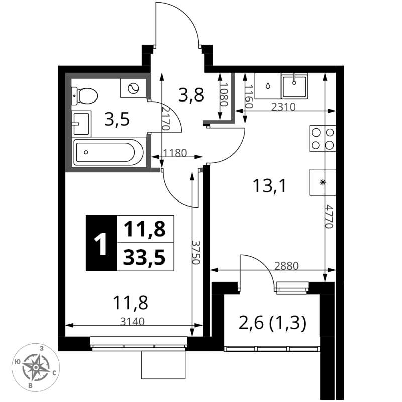 1 ккв 33,5 м²