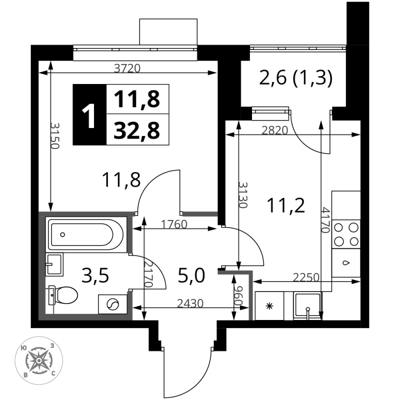 1 ккв 32,8 м²