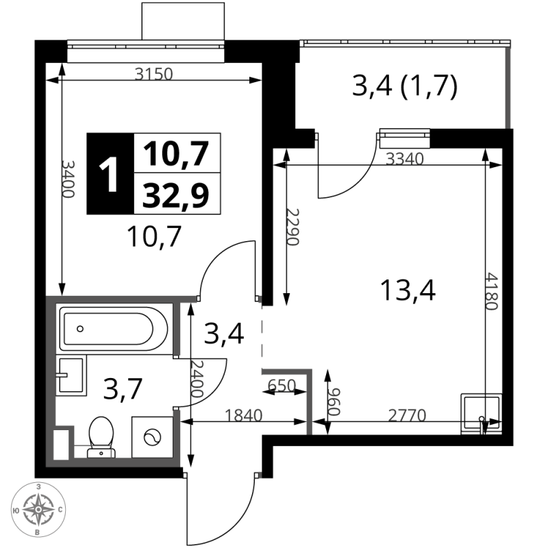 1 ккв 32,9 м²