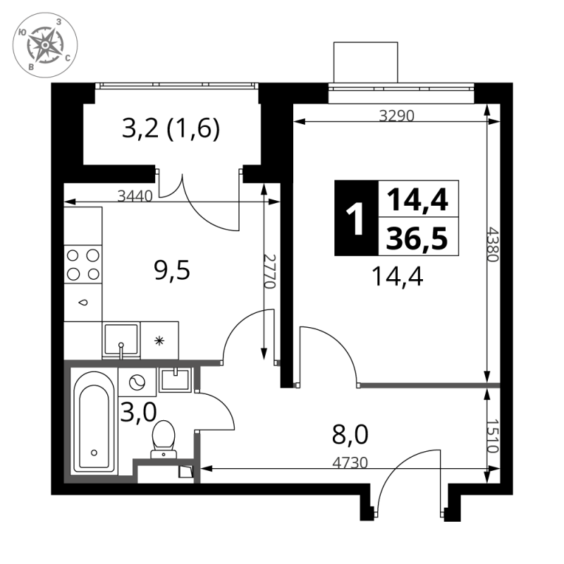 1 ккв 36,5 м²