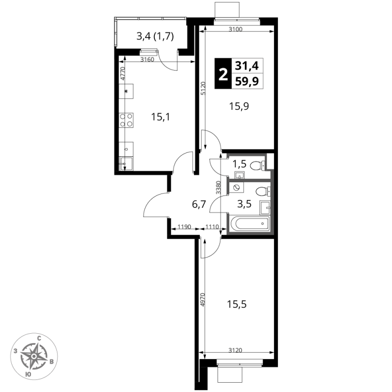 3 ккв (Евро) 59,9 м²