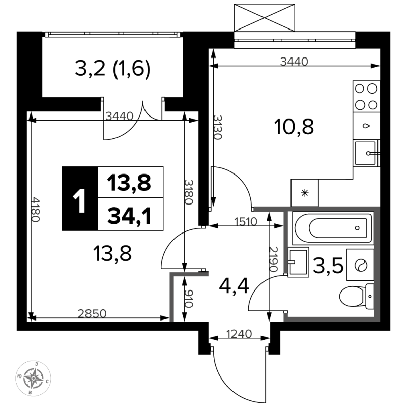 1 ккв 34,5 м²