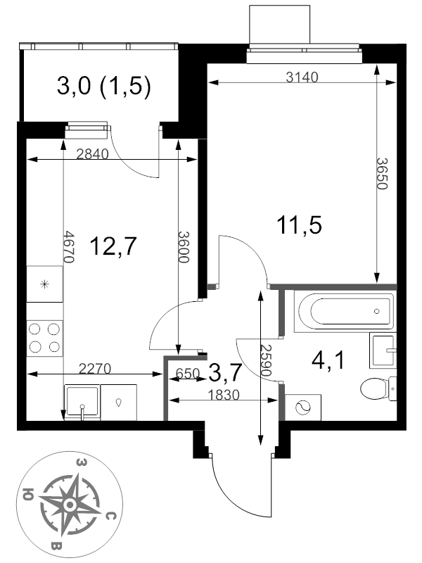 1 ккв 33,5 м²