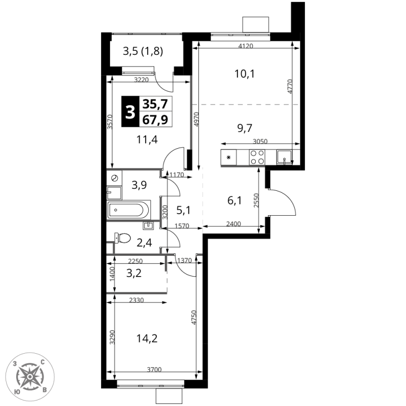 3 ккв (Евро) 67,9 м²