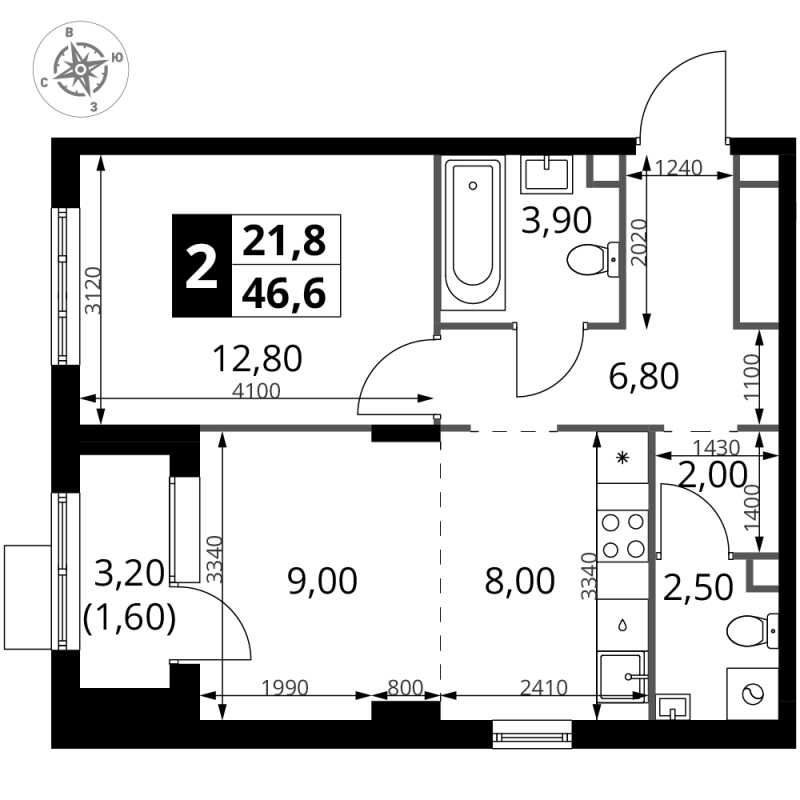2 ккв (Евро) 46,6 м²