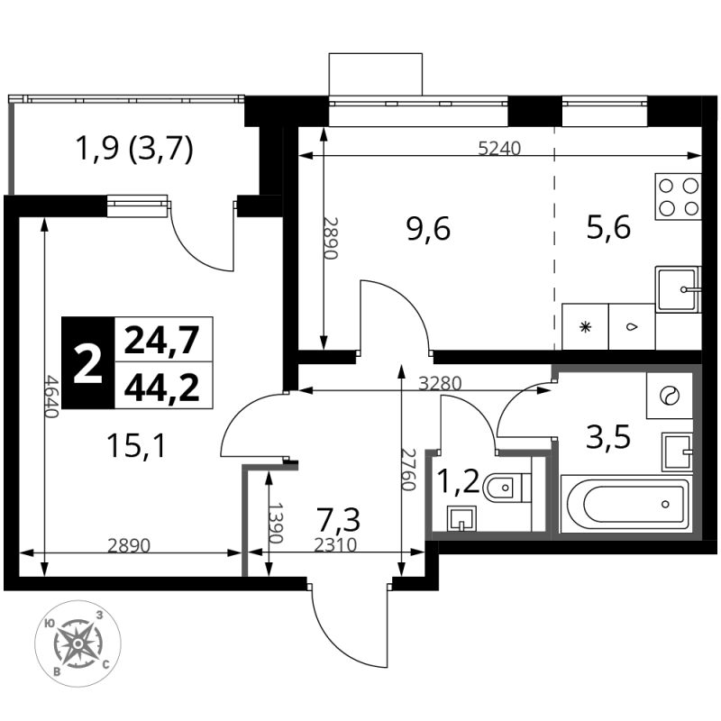 2 ккв (Евро) 44,4 м²