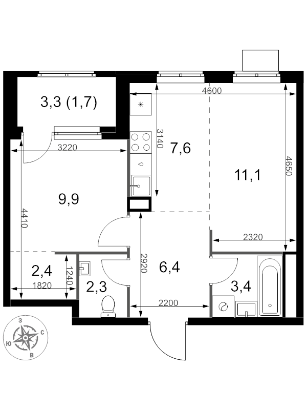 2 ккв (Евро) 44,8 м²
