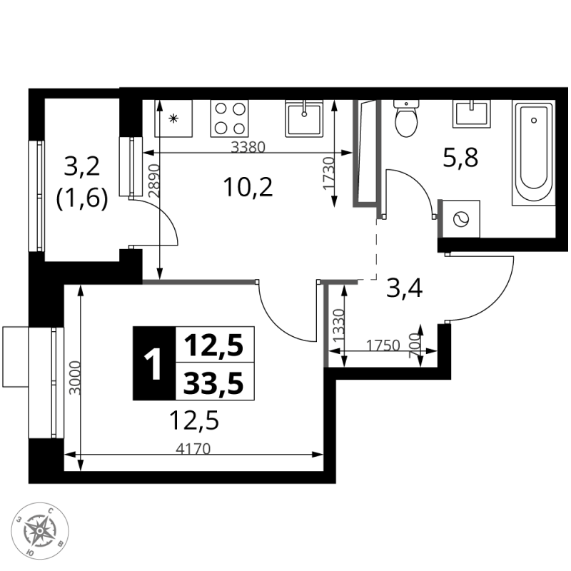 1 ккв 33,5 м²