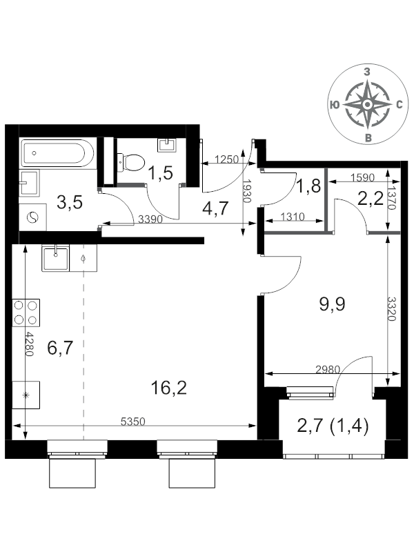 2 ккв (Евро) 47,9 м²