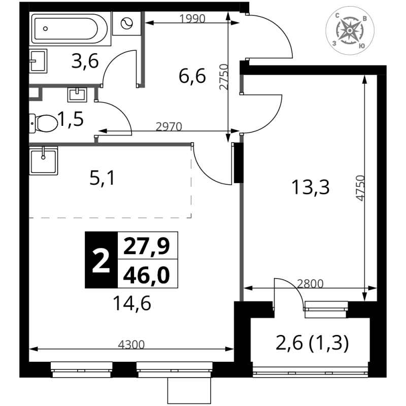 2 ккв (Евро) 46 м²