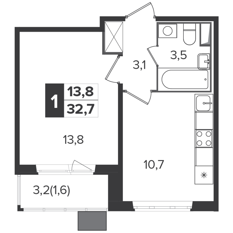 1 ккв 32,6 м²