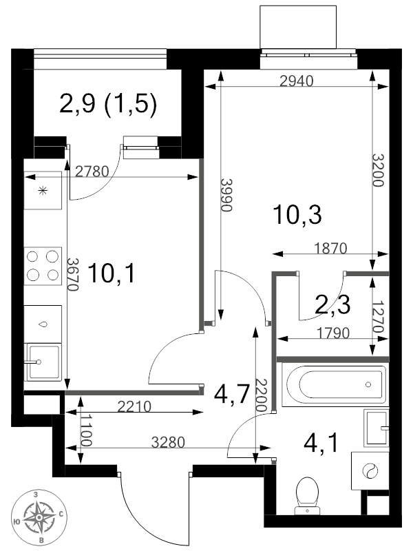 1 ккв 33 м²