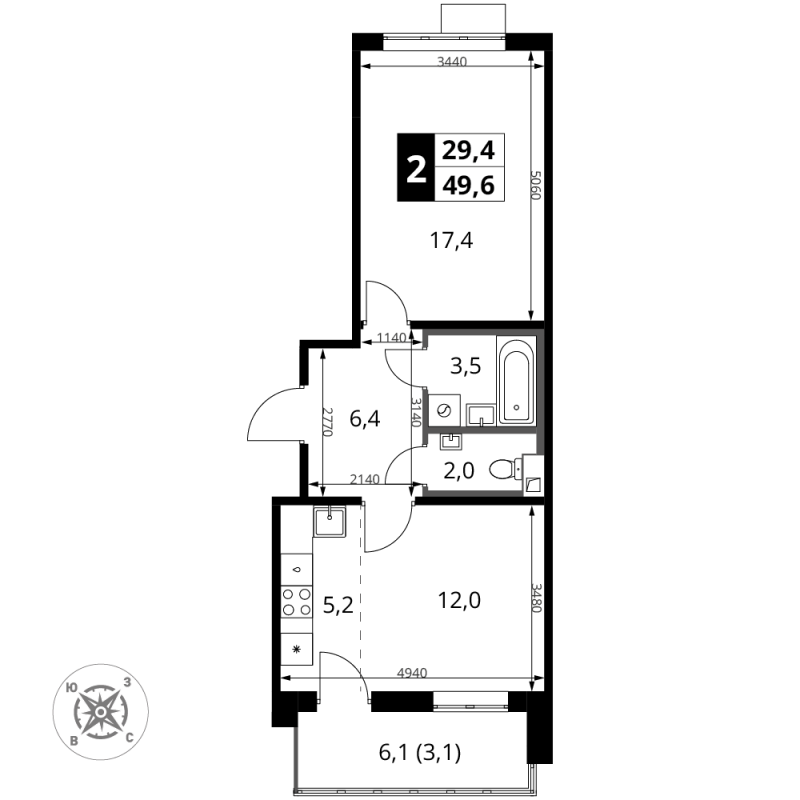 2 ккв (Евро) 49,6 м²