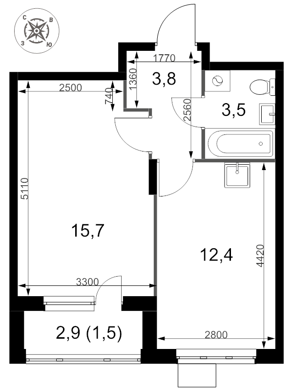 1 ккв 36,9 м²