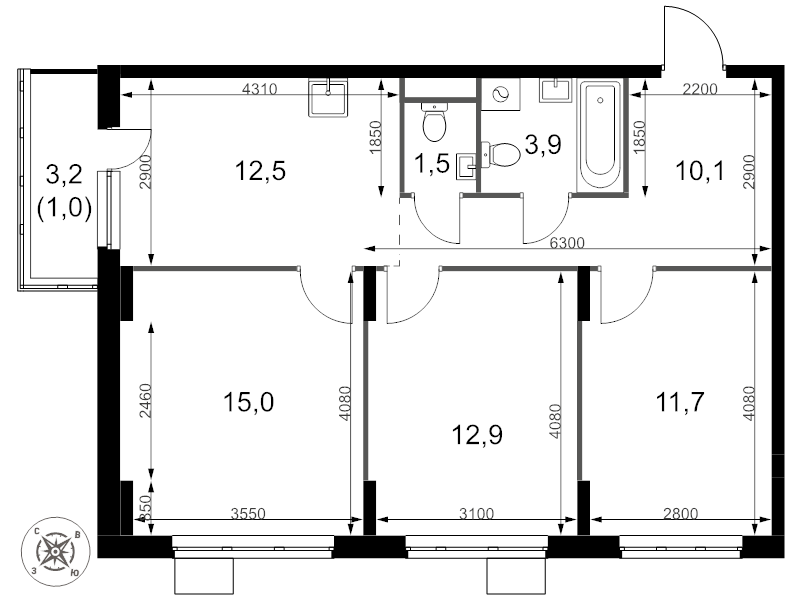3 ккв (Евро) 68,6 м²