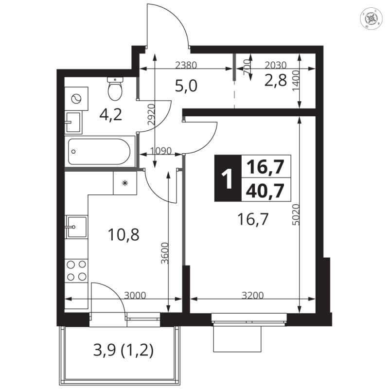 1 ккв 40,7 м²