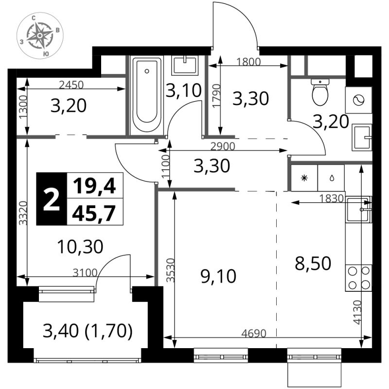 2 ккв (Евро) 45,7 м²