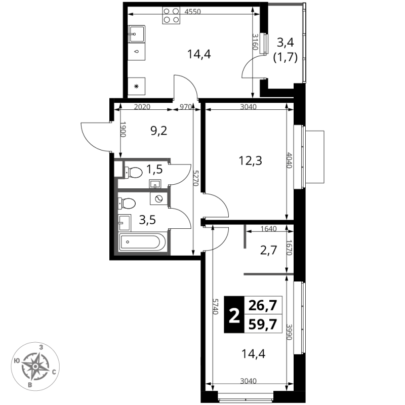 2 ккв 59,7 м²
