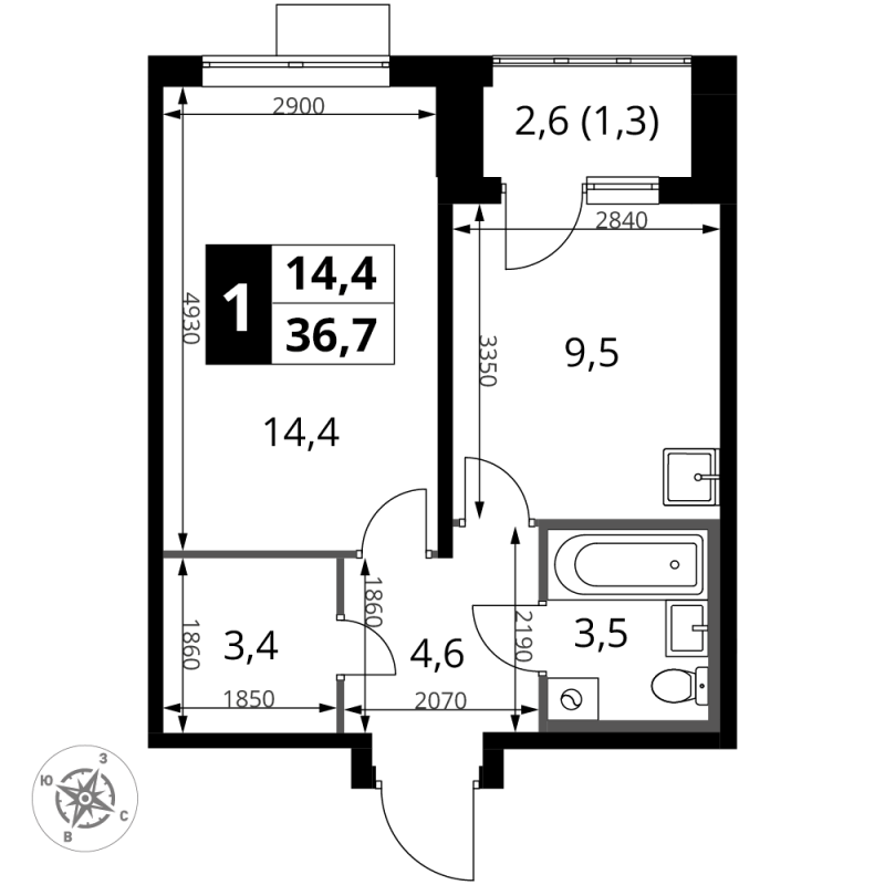 1 ккв 36,7 м²