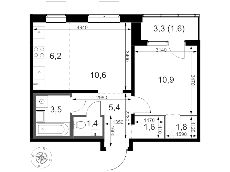 2 ккв (Евро) 44,1 м²