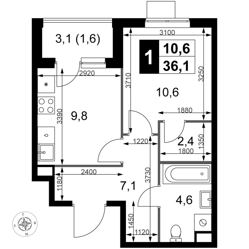 1 ккв 36,1 м²