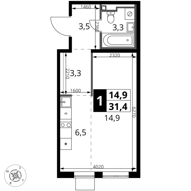 Студия 31,5 м²
