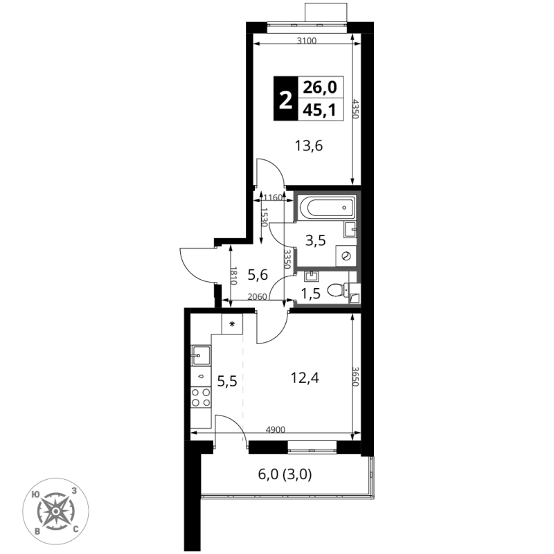 2 ккв (Евро) 45,1 м²