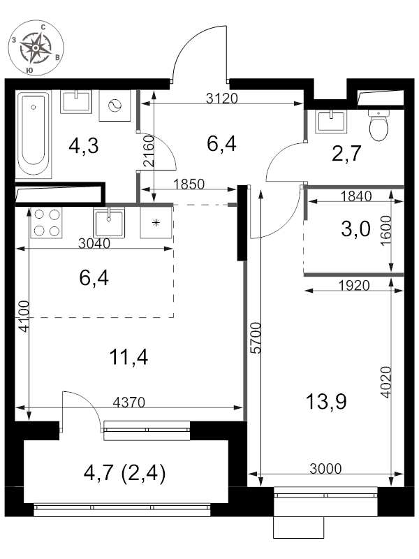 2 ккв (Евро) 50,5 м²