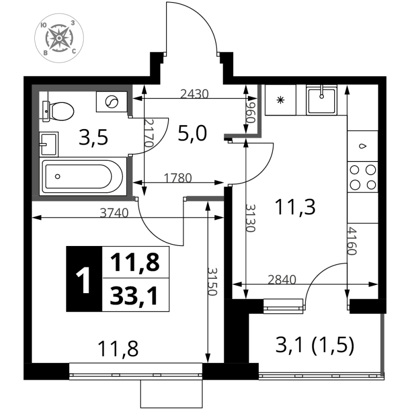 1 ккв 33,1 м²