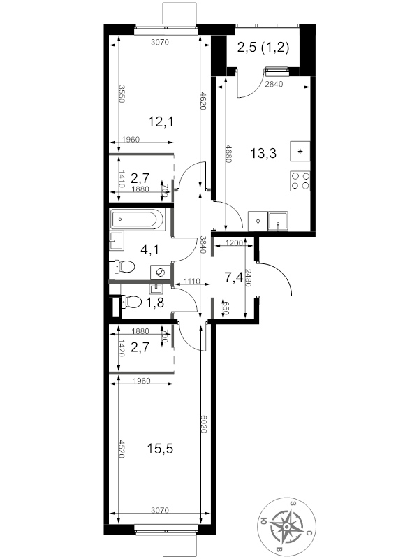 2 ккв 60,8 м²