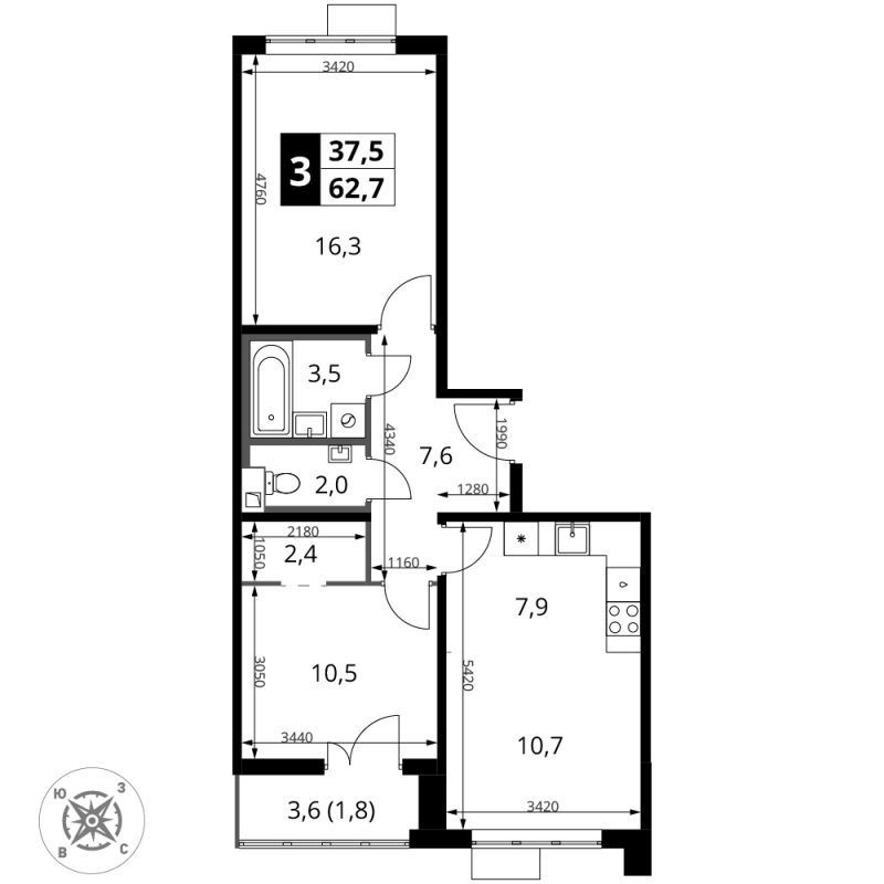 3 ккв (Евро) 62,7 м²