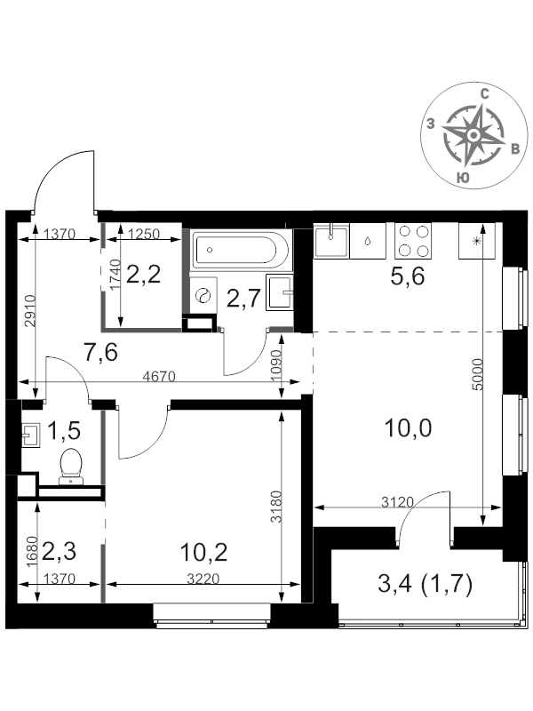 2 ккв (Евро) 43,8 м²