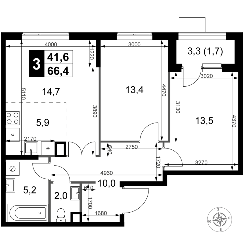 3 ккв (Евро) 66,4 м²