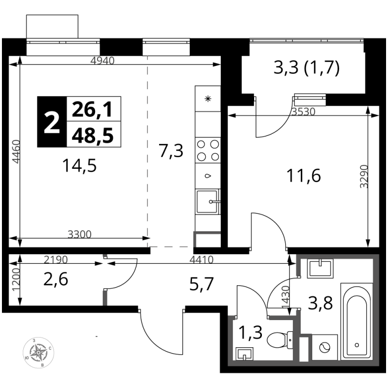 2 ккв (Евро) 48,5 м²