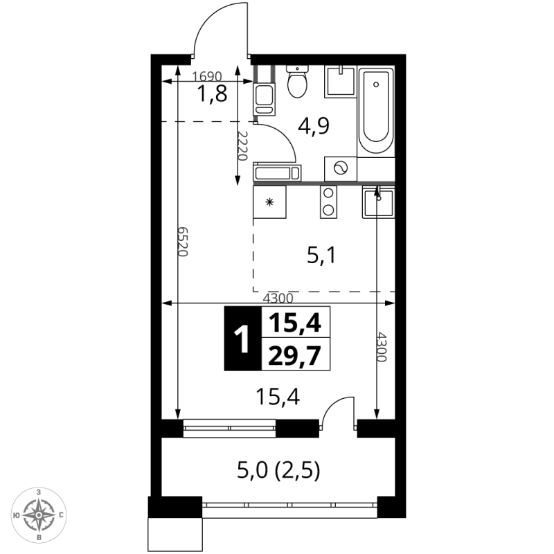 Студия 29,7 м²