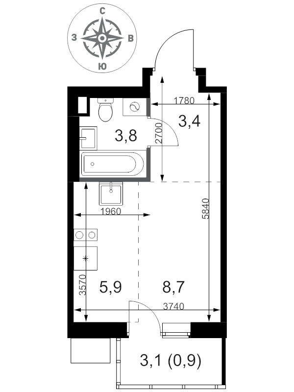 Студия 22,7 м²