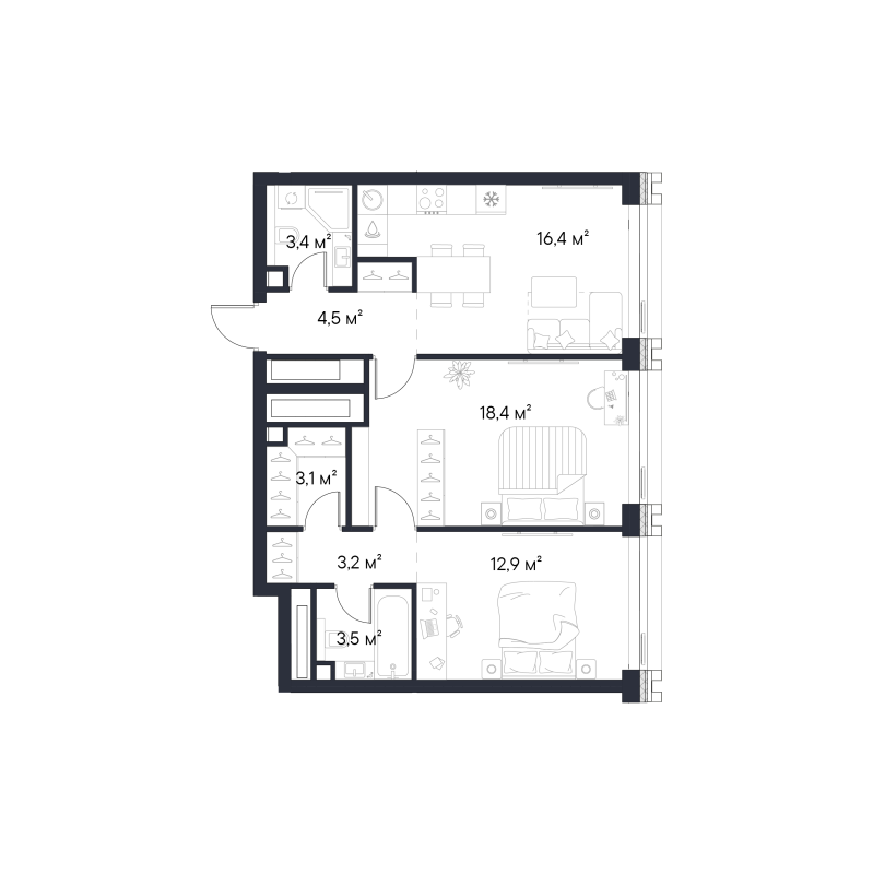 3 ккв (Евро) 65,4 м²