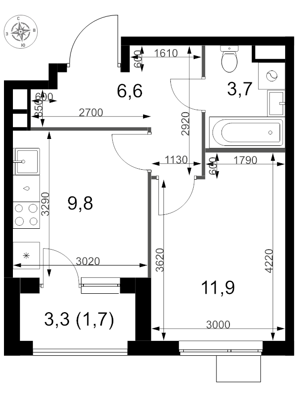 1 ккв 33,7 м²