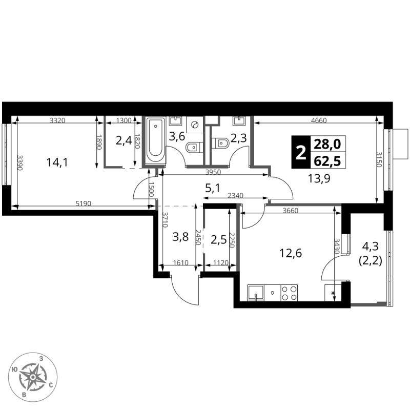 2 ккв 62,9 м²