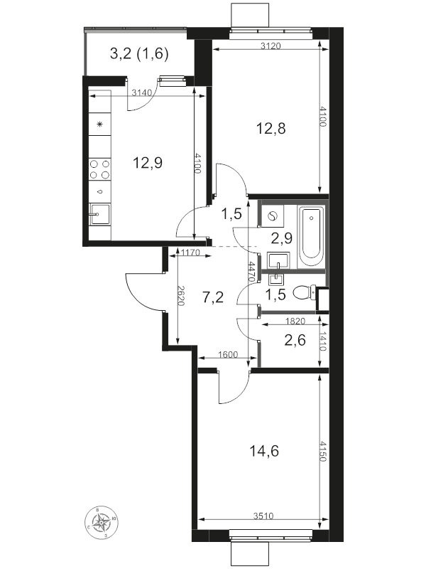 2 ккв 57,6 м²