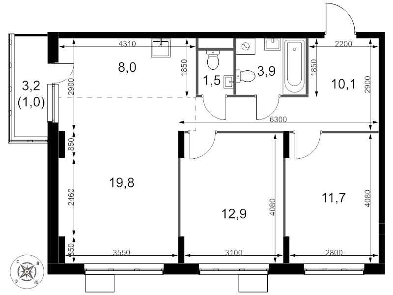 3 ккв (Евро) 68,9 м²