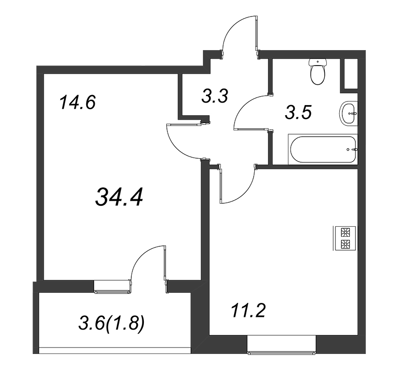 1 ккв 34,3 м²