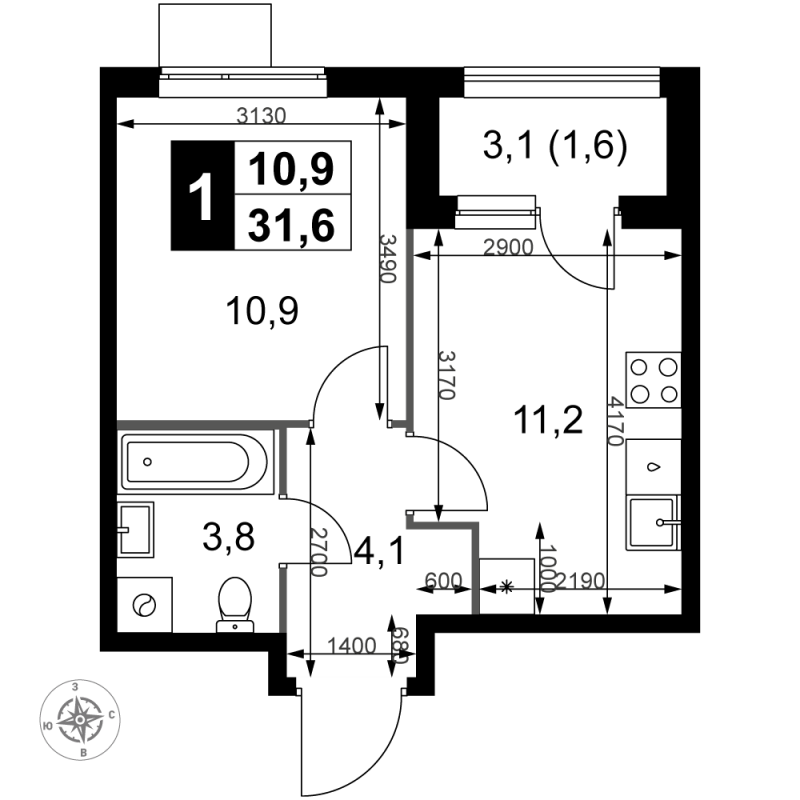 1 ккв 31,6 м²