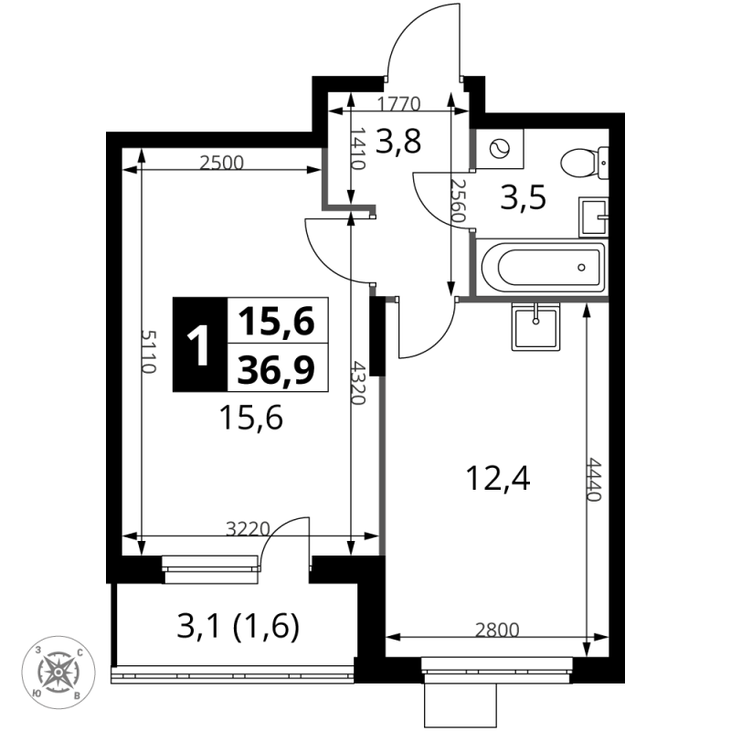 1 ккв 36,9 м²