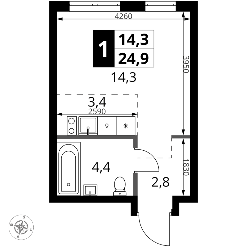 Студия 25,4 м²