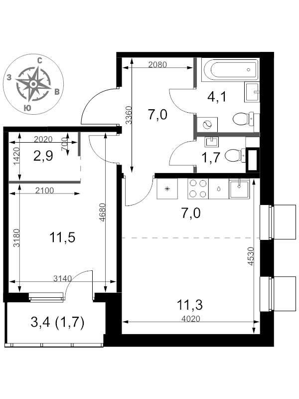 2 ккв (Евро) 47,2 м²