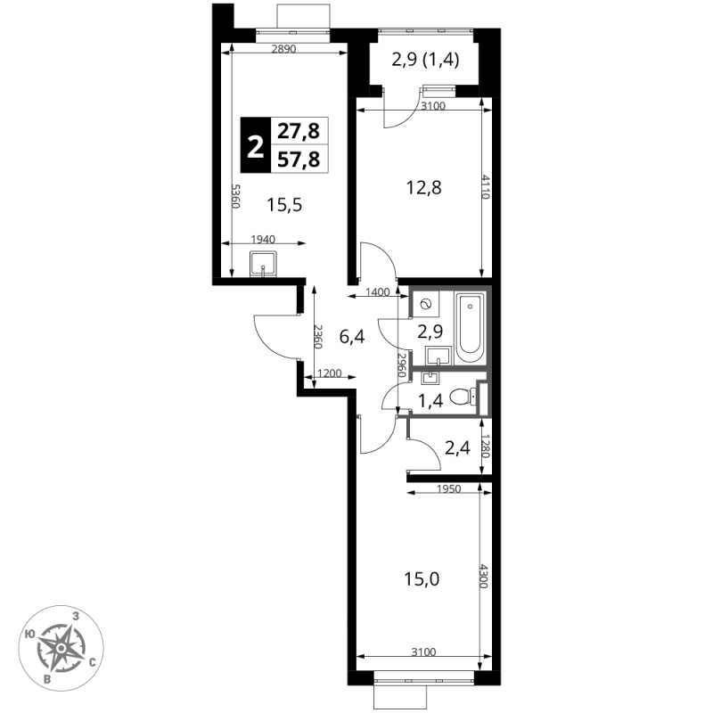 3 ккв (Евро) 57,8 м²