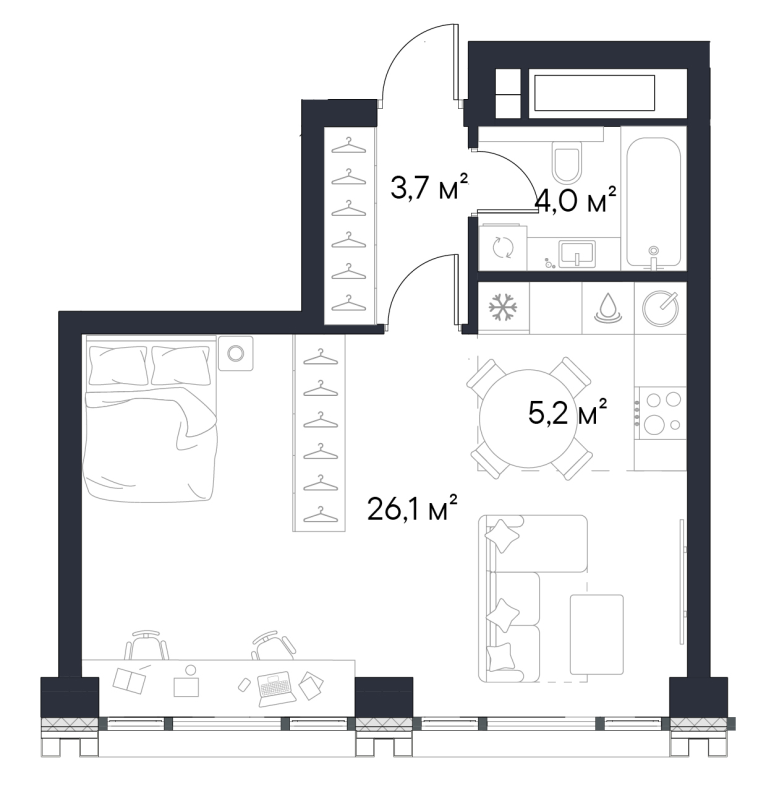 Студия 39 м²
