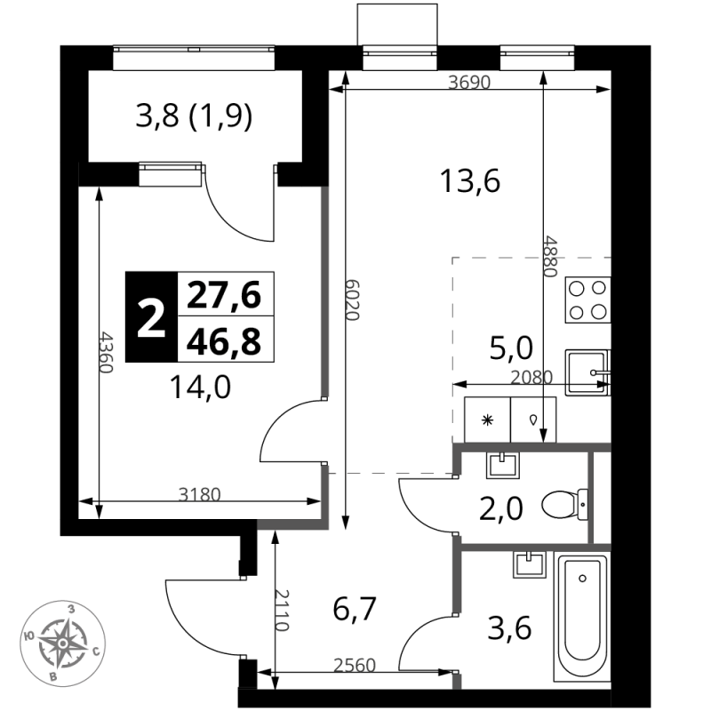 2 ккв (Евро) 46,8 м²