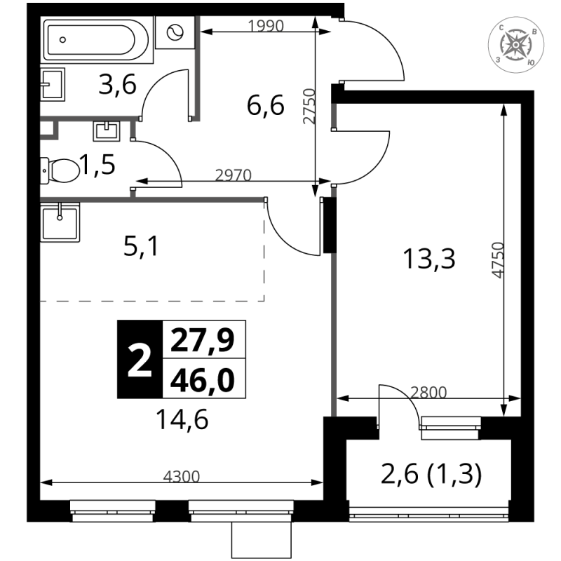 2 ккв (Евро) 46 м²